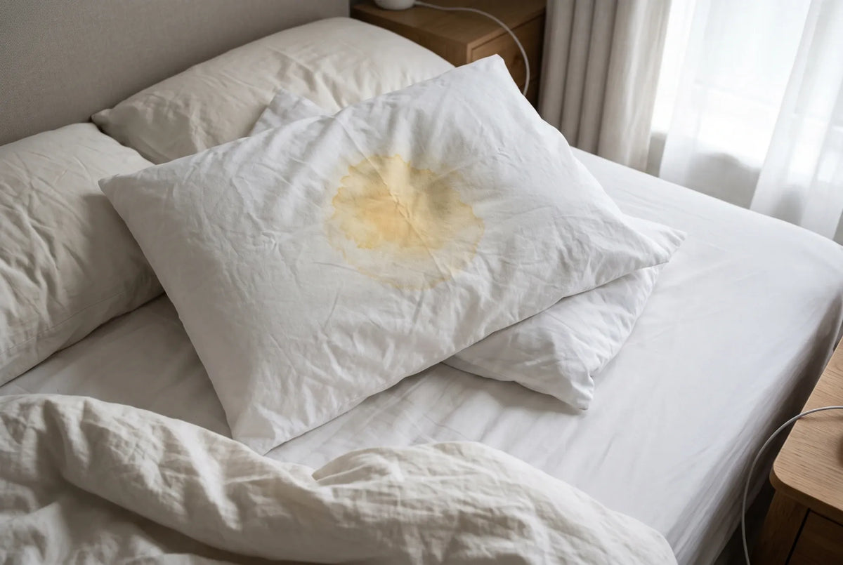 A white pillowcase with a yellow stain on an unmade bed